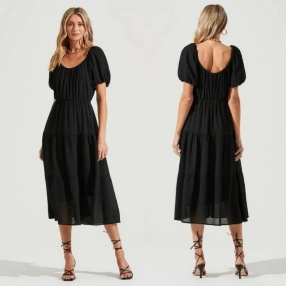 ASTR the Label Midi Dress Black Tiered Puff Sleeve Sz S Gauze Classic Neutral‎